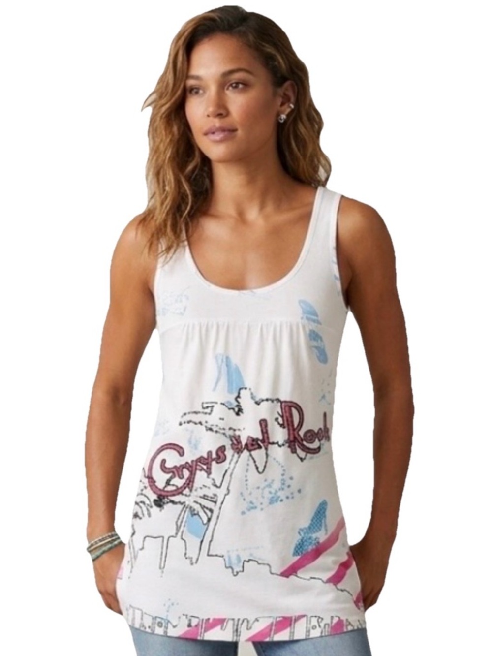 Christian Audigier Crystal Rock Babydoll Women’s White Tunic Tank Top Size Small